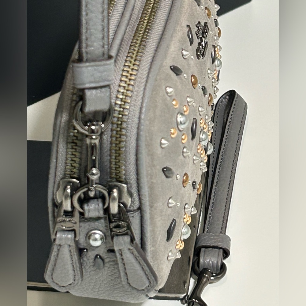 COACH Prairie Rivets Suede & Pebble Leather Crossbody/Wristlet in Heather Grey - Picture 4 of 9